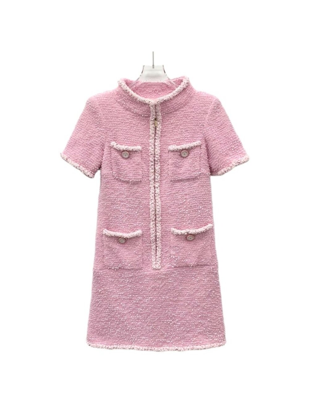 Chanel Pink Multi-Pocket Woven Tweed Short-Sleeve Zip Dress